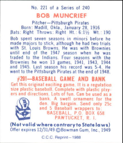 1949 Bowman #221 Bob Muncrief RC back image