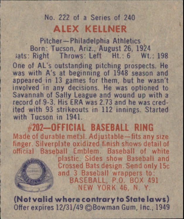 1949 Bowman #222 Alex Kellner RC back image