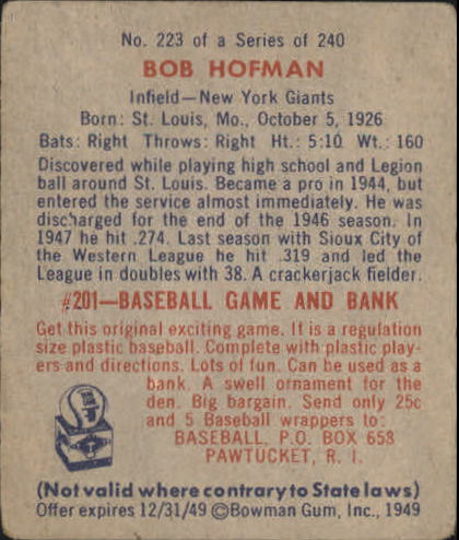 1949 Bowman #223 Bobby Hofman RC back image
