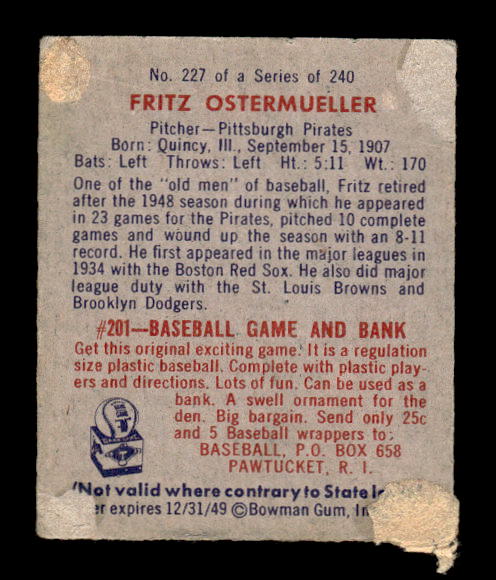 1949 Bowman #227 Fritz Ostermueller back image