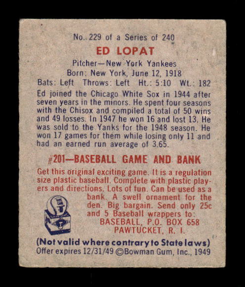 1949 Bowman #229 Ed Lopat RC back image