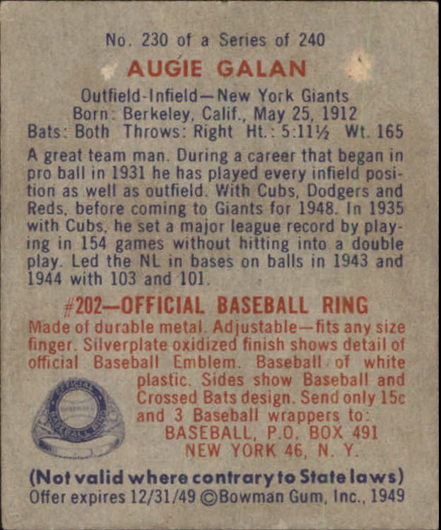 1949 Bowman #230 Augie Galan back image