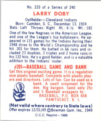 1949 Bowman #233 Larry Doby RC back image