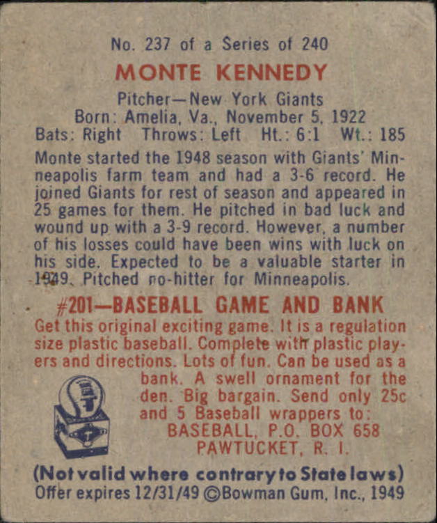 1949 Bowman #237 Monte Kennedy RC back image