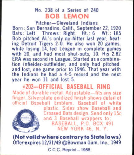 1949 Bowman #238 Bob Lemon RC back image