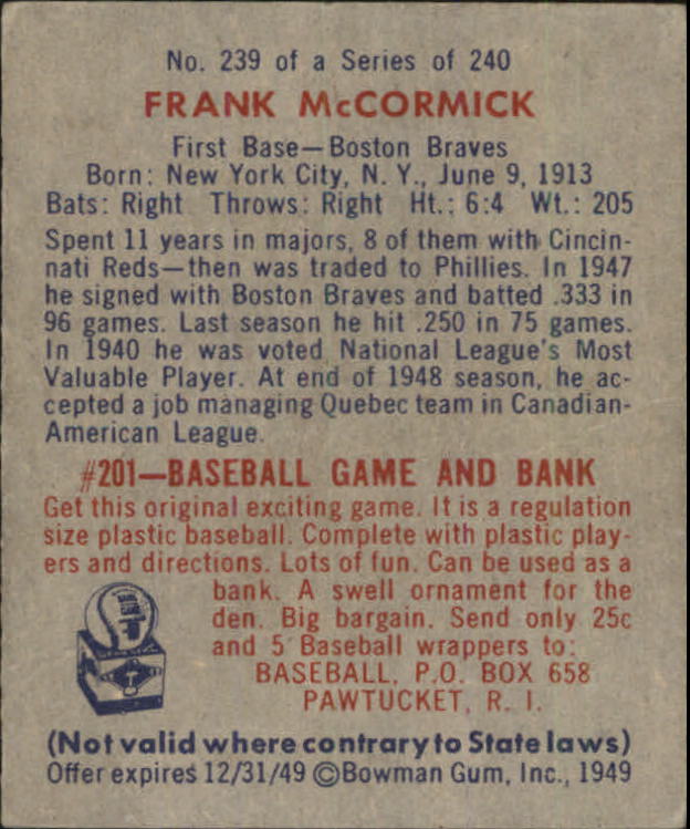 1949 Bowman #239 Frank McCormick back image