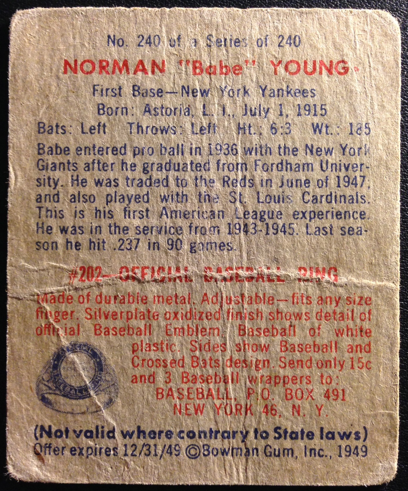 1949 Bowman #240 Babe Young UER/(Bobby Young pictured) back image