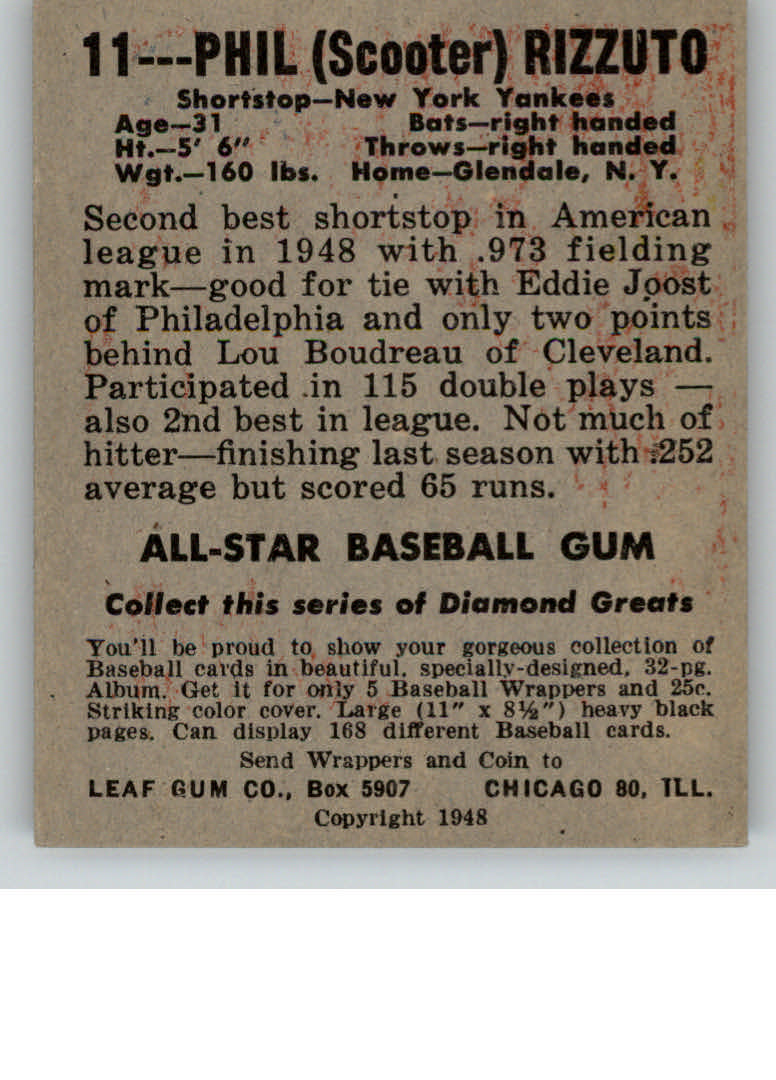 1949 Leaf #11 Phil Rizzuto back image