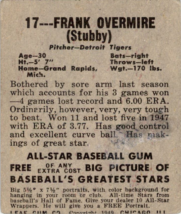 1949 Leaf #17 Frank Overmire RC back image