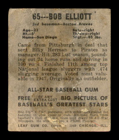 1949 Leaf #65 Bob Elliott UER back image