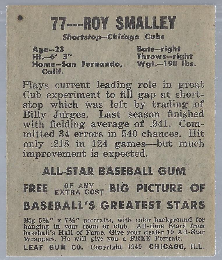 1949 Leaf #77 Roy Smalley RC back image