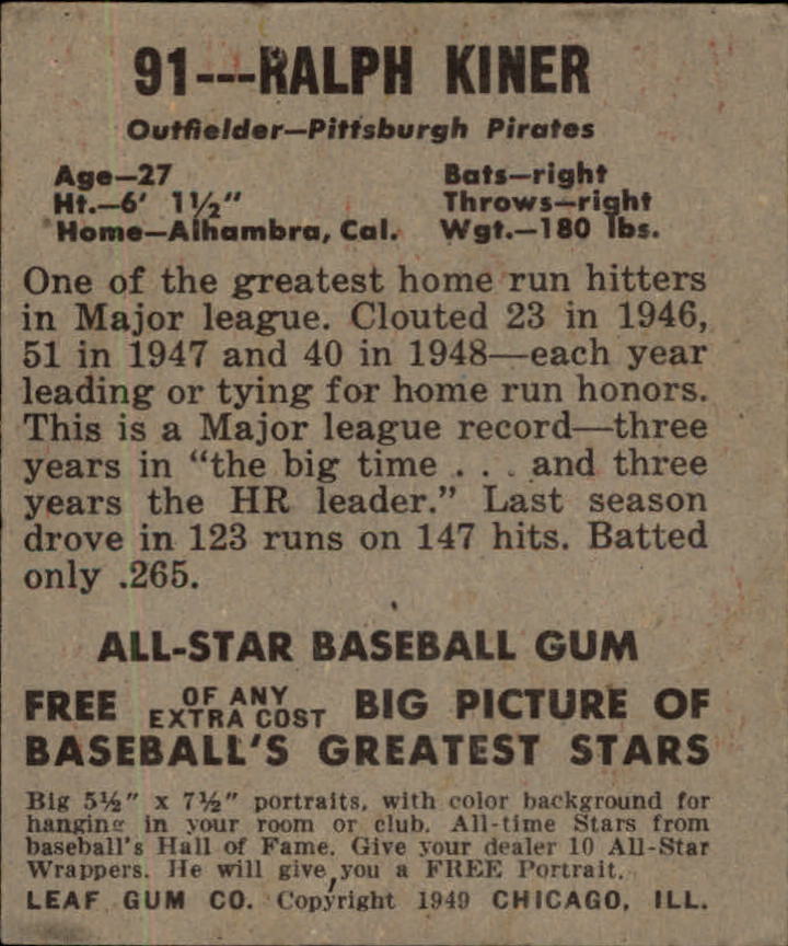 1949 Leaf #91 Ralph Kiner back image