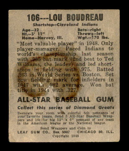1949 Leaf #106 Lou Boudreau MG RC back image