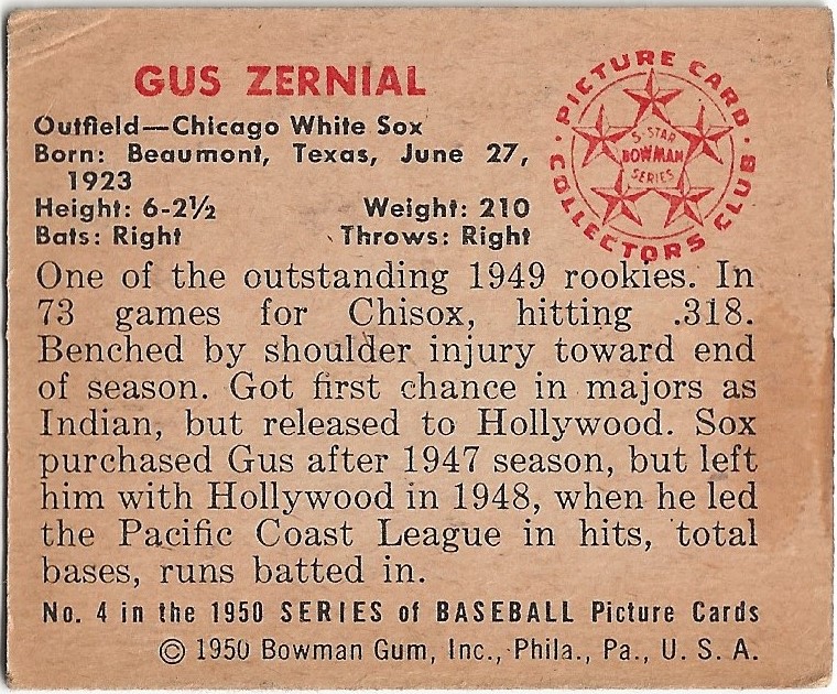 1950 Bowman #4 Gus Zernial RC back image