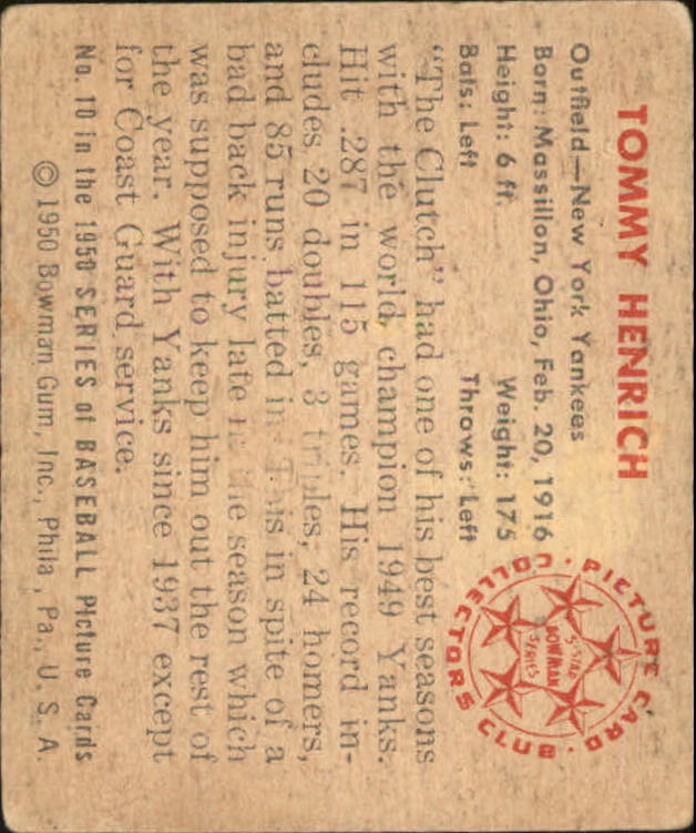 1950 Bowman #10 Tommy Henrich back image