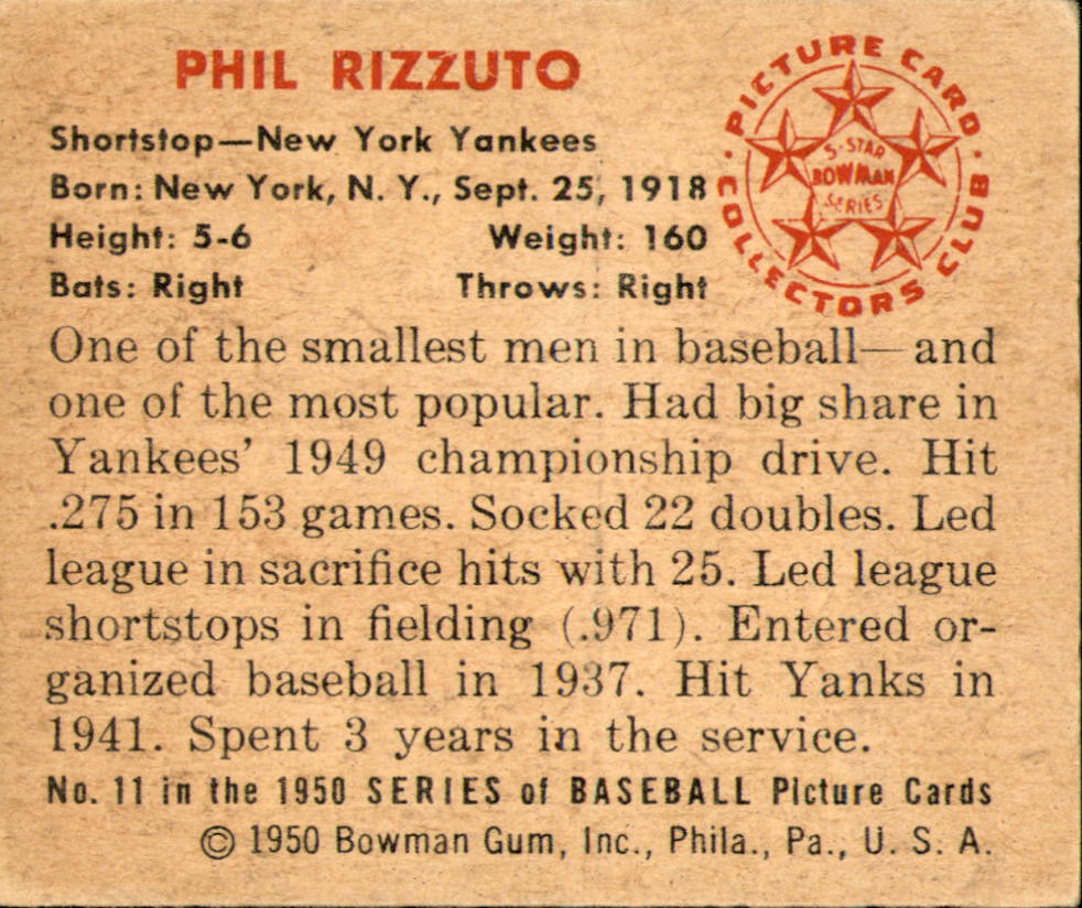 1950 Bowman #11 Phil Rizzuto back image