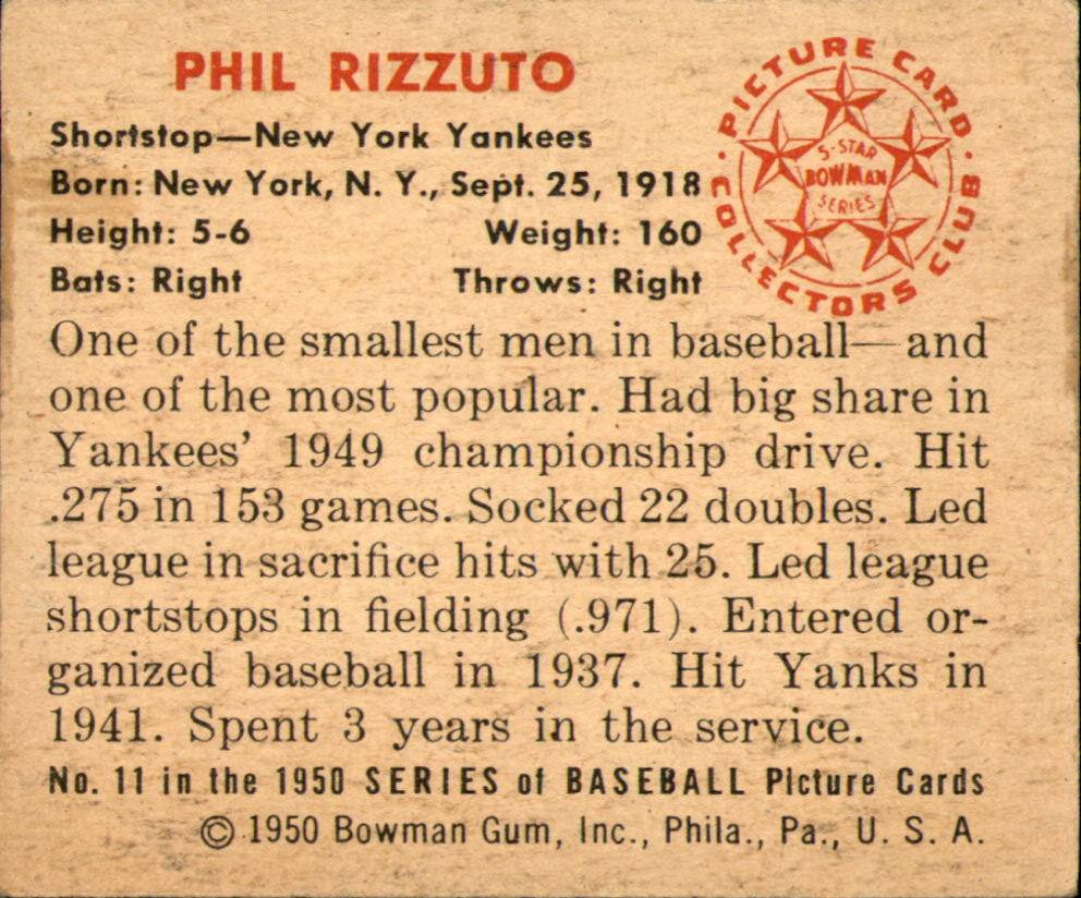1950 Bowman #11 Phil Rizzuto back image