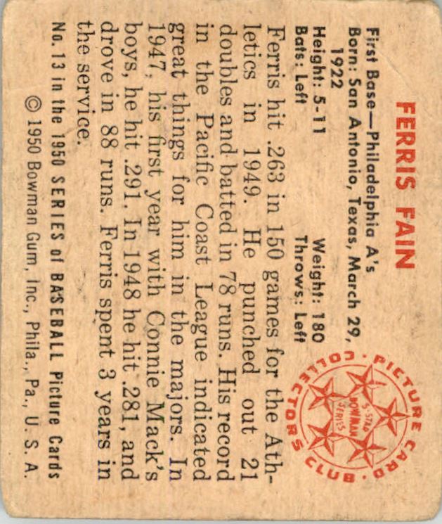 1950 Bowman #13 Ferris Fain back image