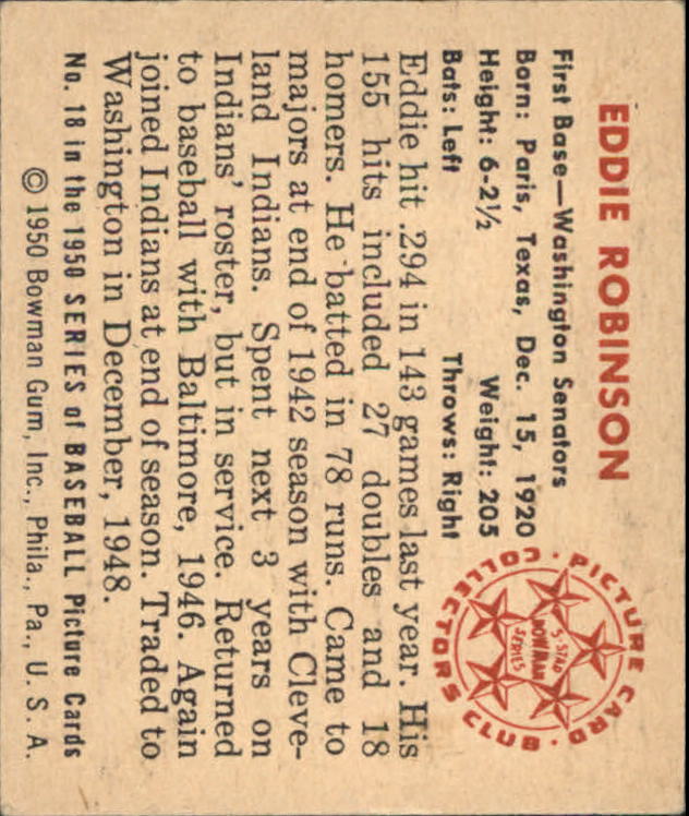 1950 Bowman #18 Eddie Robinson RC back image