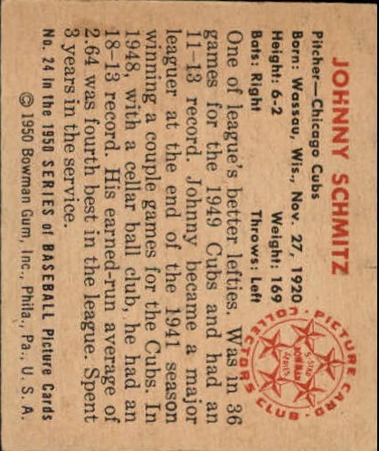 1950 Bowman #24 Johnny Schmitz back image