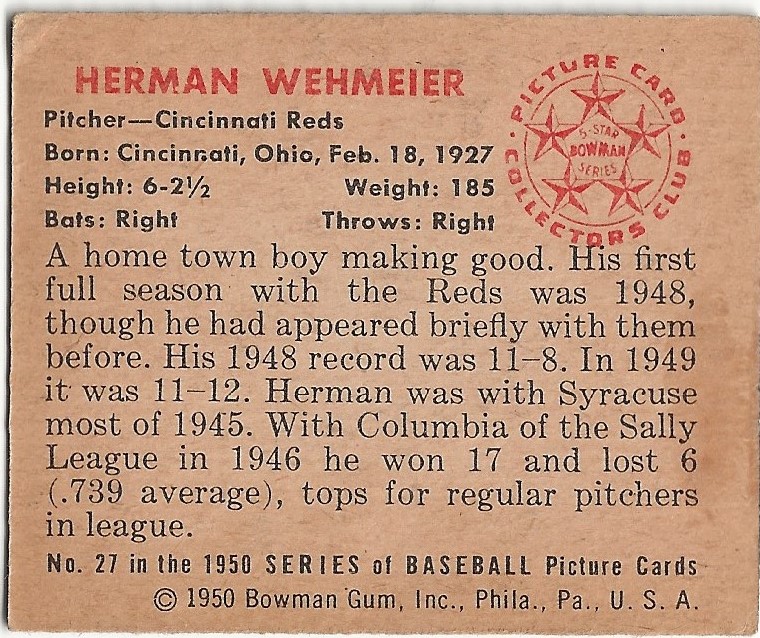 1950 Bowman #27 Herman Wehmeier back image