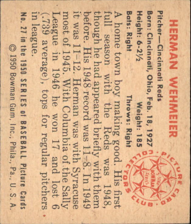 1950 Bowman #27 Herman Wehmeier back image