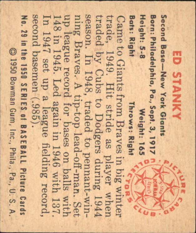 1950 Bowman #29 Eddie Stanky back image