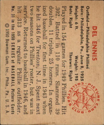 1950 Bowman #31 Del Ennis back image