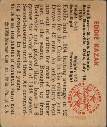 1950 Bowman #36 Eddie Kazak RC back image