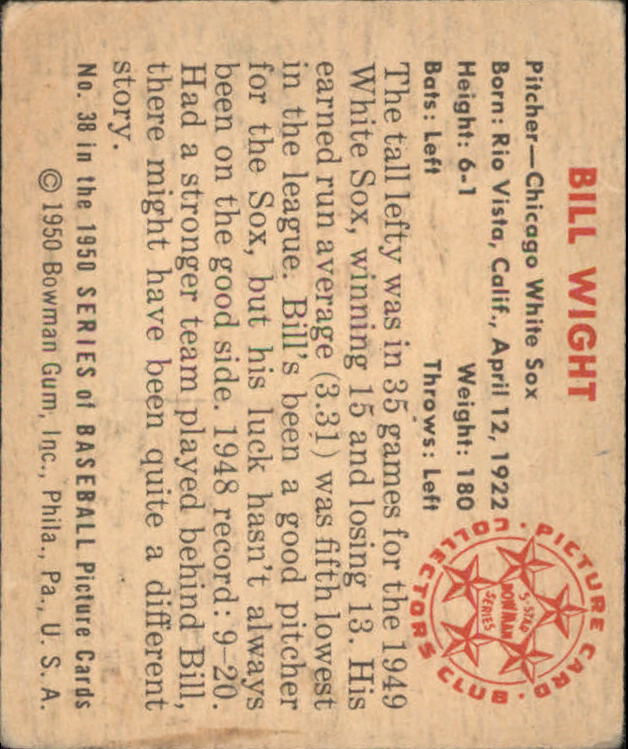 1950 Bowman #38 Bill Wight RC back image