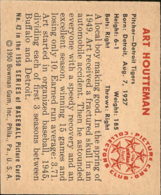 1950 Bowman #42 Art Houtteman RC back image