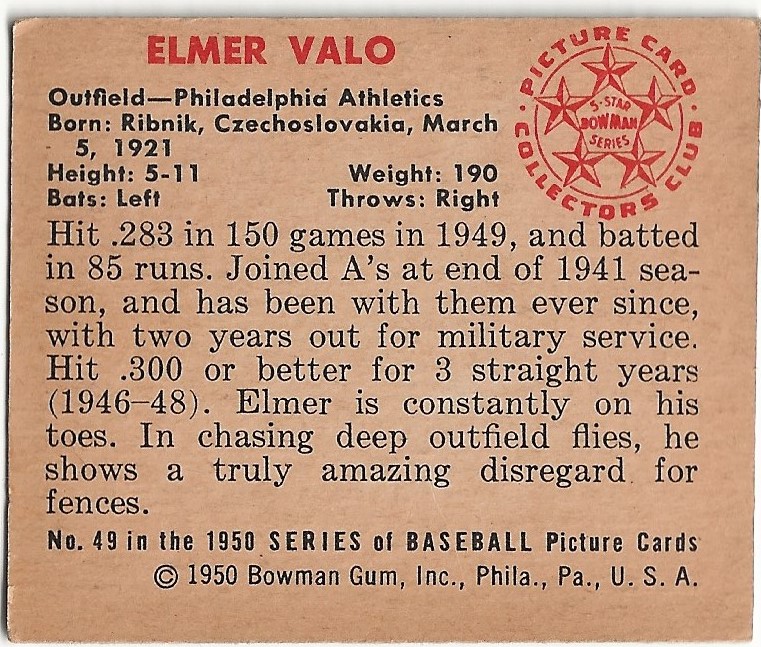 1950 Bowman #49 Elmer Valo back image