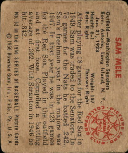 1950 Bowman #52 Sam Mele back image