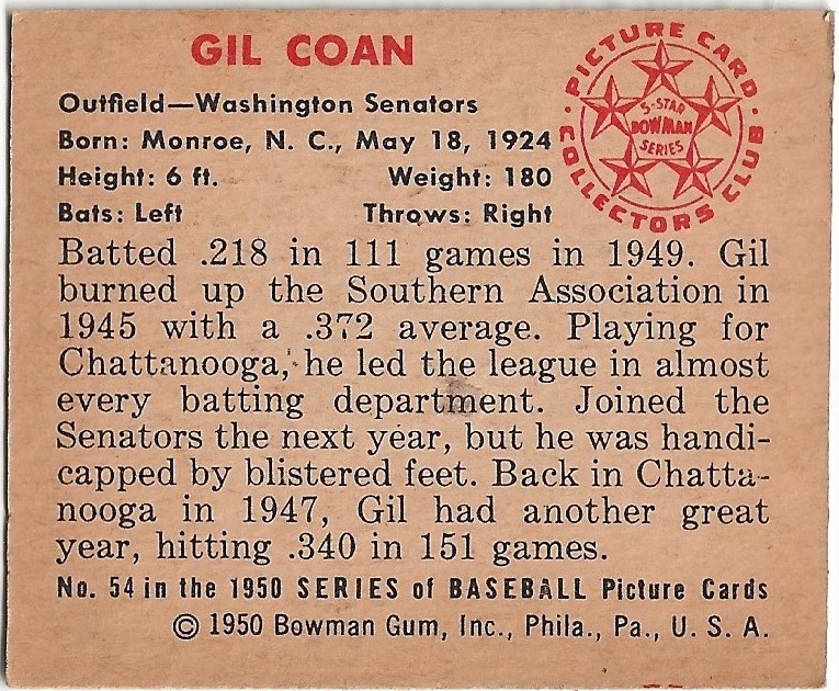 1950 Bowman #54 Gil Coan back image