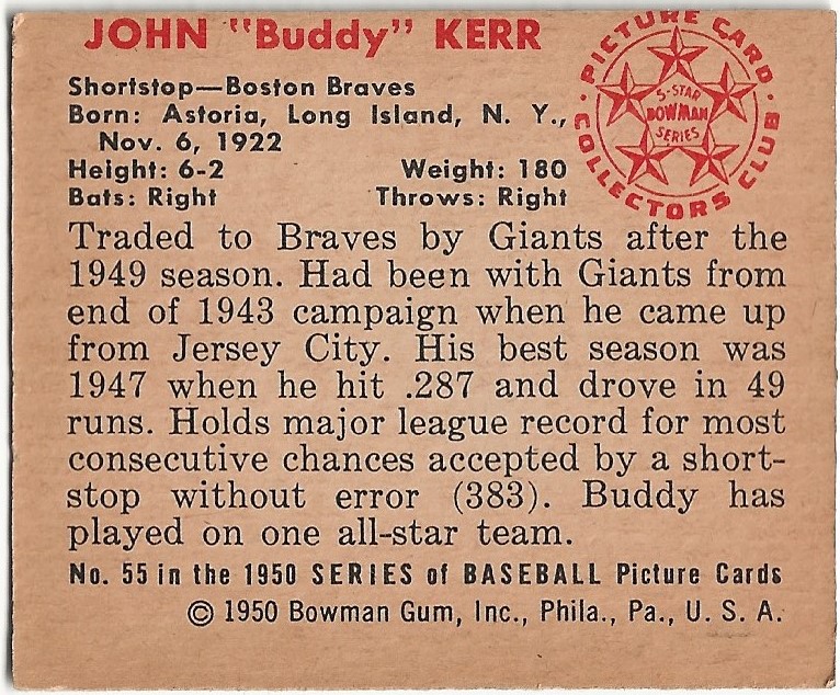 1950 Bowman #55 Buddy Kerr back image