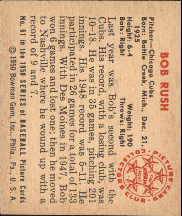 1950 Bowman #61 Bob Rush RC back image
