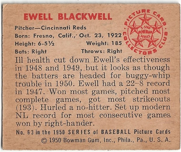1950 Bowman #63 Ewell Blackwell back image