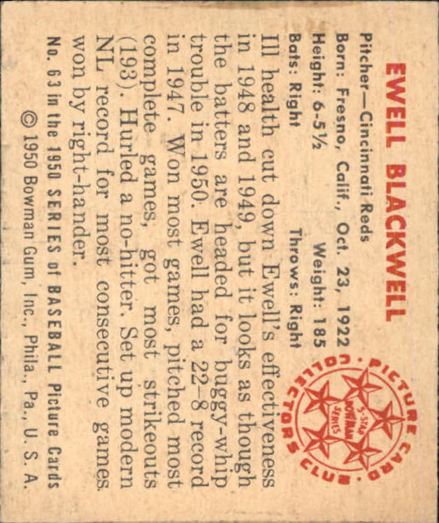 1950 Bowman #63 Ewell Blackwell back image