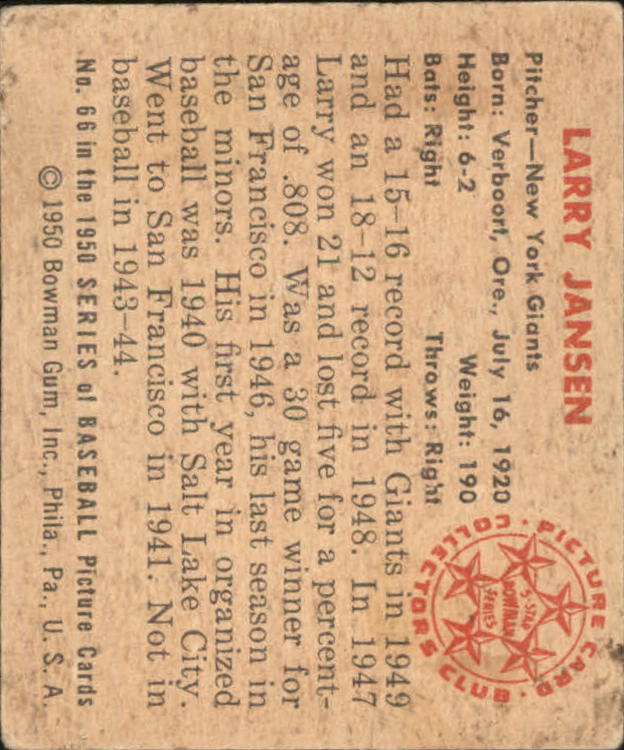 1950 Bowman #66 Larry Jansen