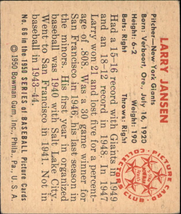 1950 Bowman #66 Larry Jansen