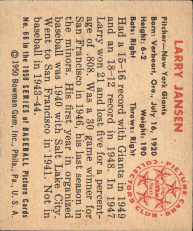 1950 Bowman #66 Larry Jansen