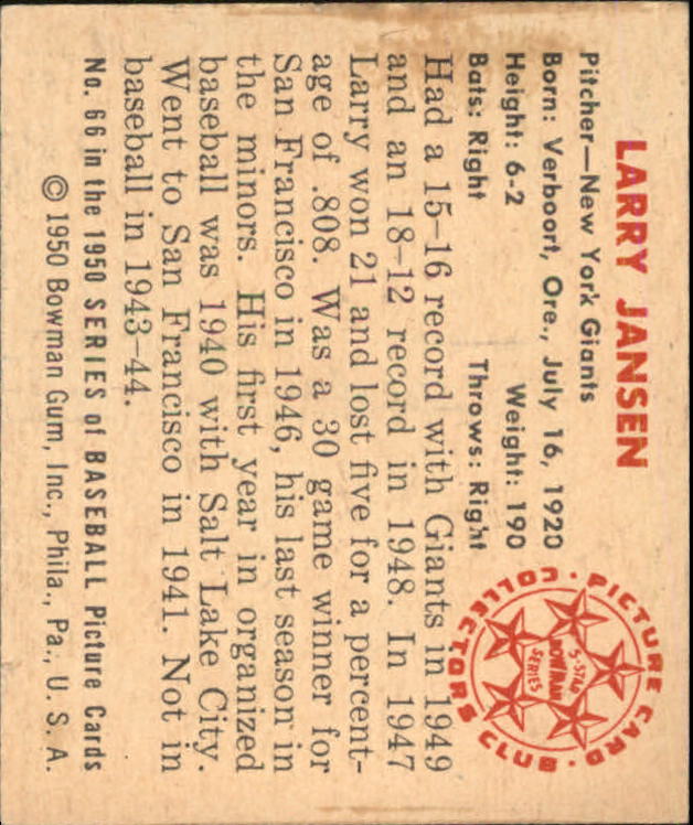 1950 Bowman #66 Larry Jansen
