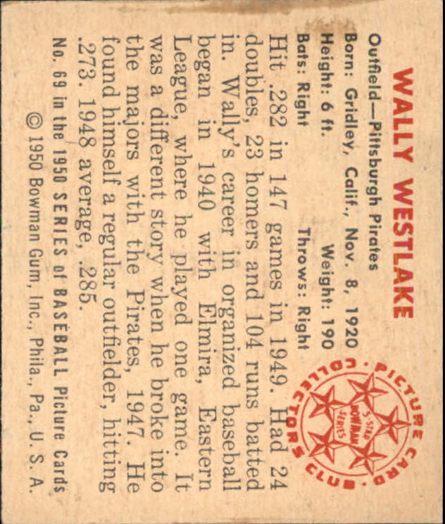 1950 Bowman #69 Wally Westlake back image
