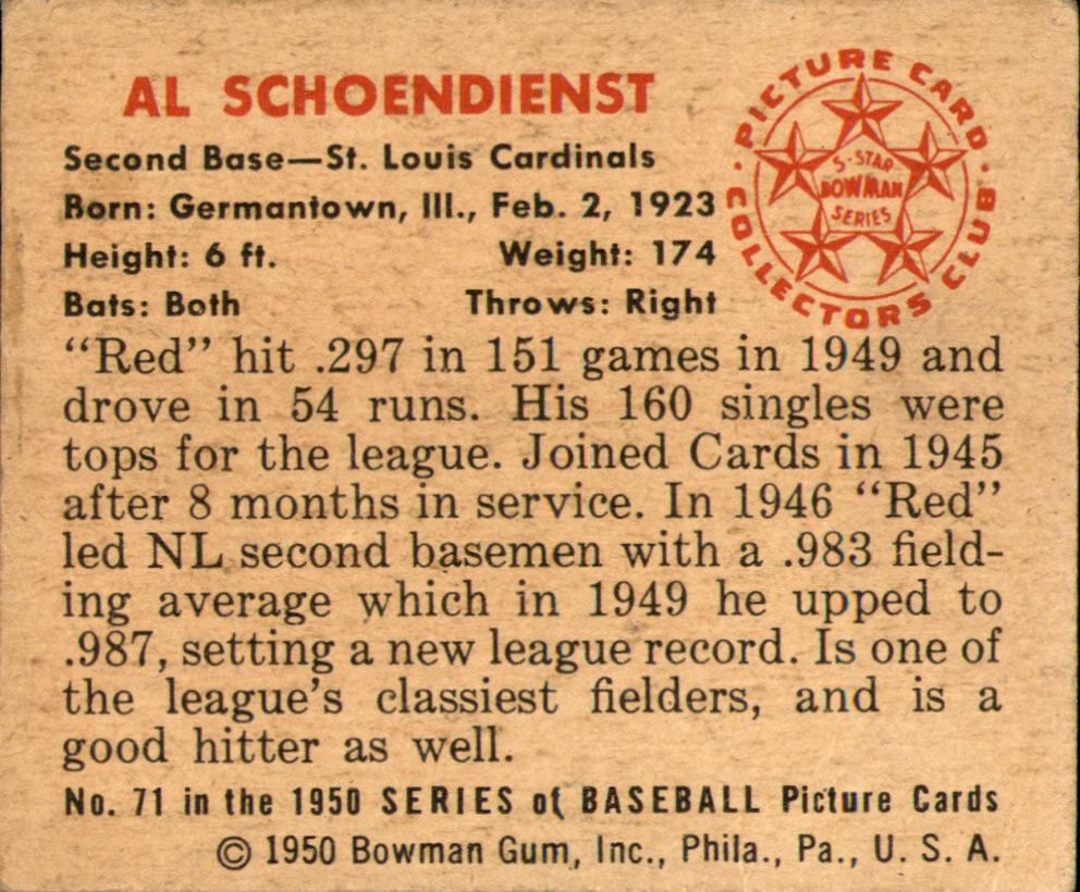 1950 Bowman #71 Red Schoendienst back image
