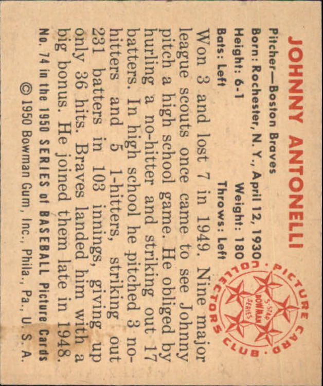 1950 Bowman #74 Johnny Antonelli RC back image