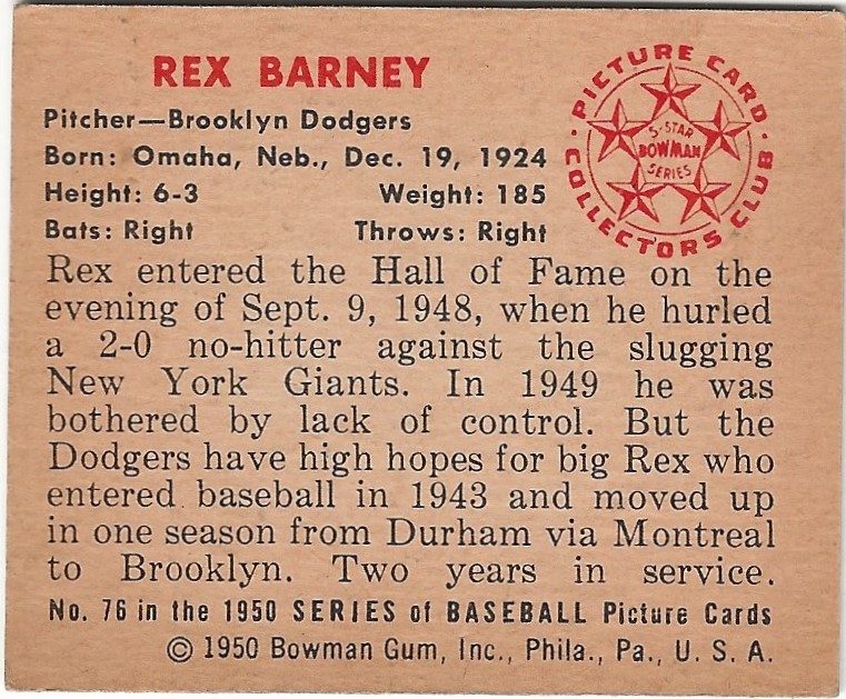 1950 Bowman #76 Rex Barney back image