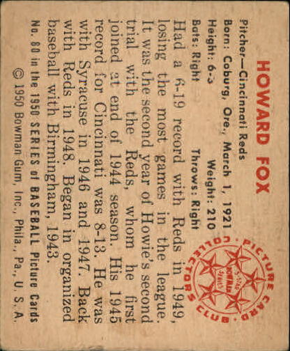 1950 Bowman #80 Howard Fox RC back image
