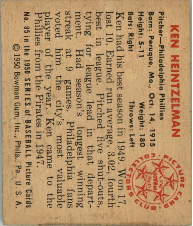 1950 Bowman #85 Ken Heintzelman back image