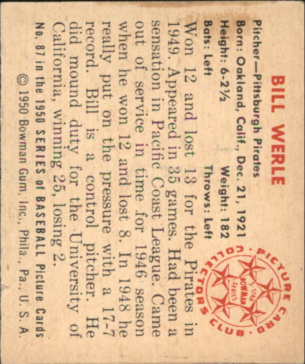 1950 Bowman #87 Bill Werle RC back image
