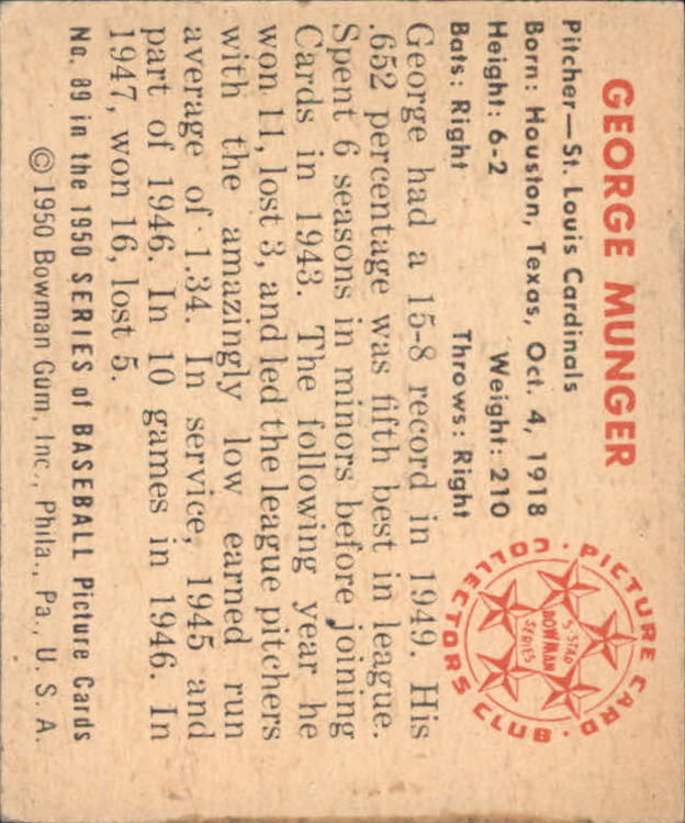 1950 Bowman #89 George Munger back image